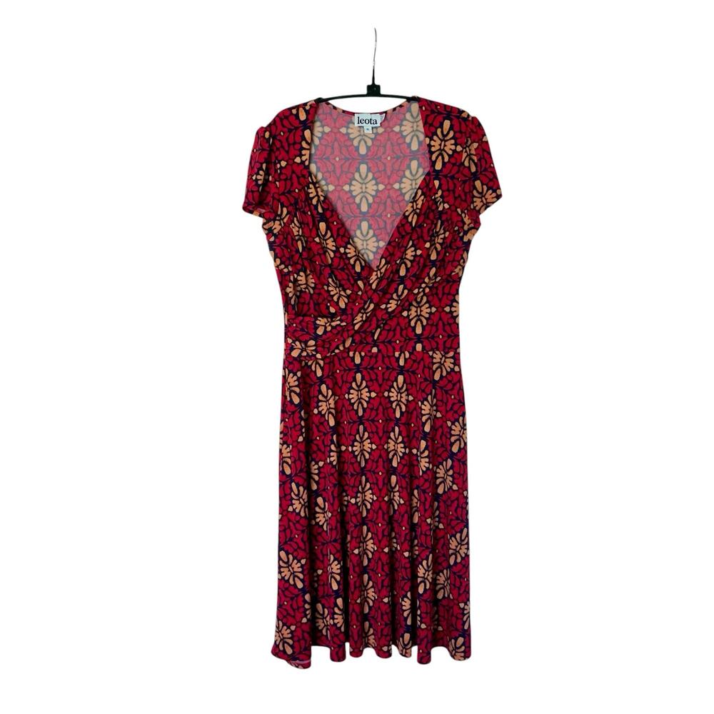 Leota Lula Jersey Stretch Wrap Midi Dress Size XL Red Sweetheart Floral Feminine